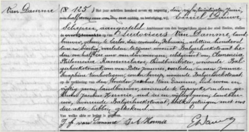 Birth certificate of Louis Van Damme