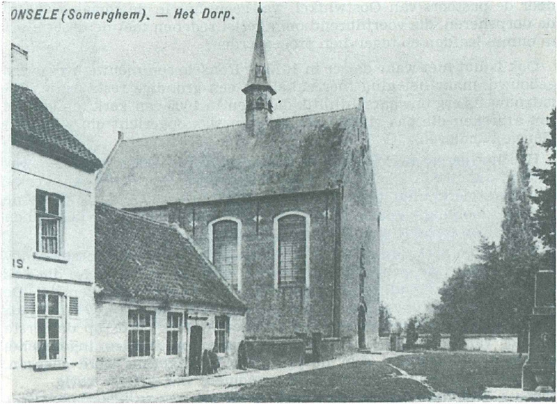 De kerk en het kostershuisje van Ronsele omstreeks 1900