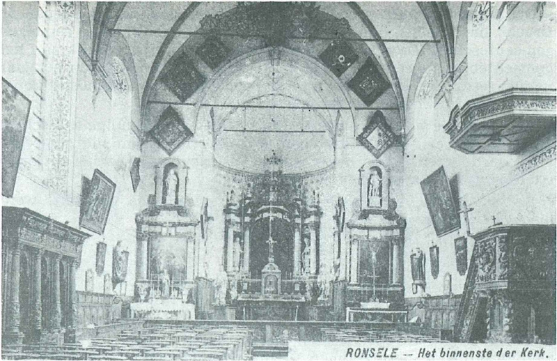 Binnenzicht van de kerk van Ronsele omstreeks 1900