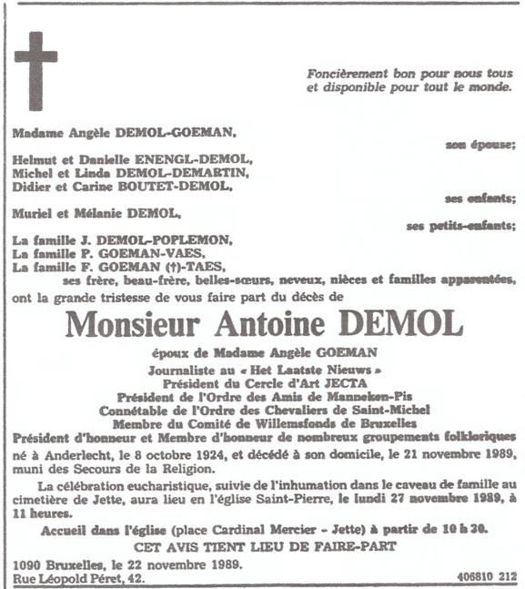 Antoine Demol, le faire-part de son décès