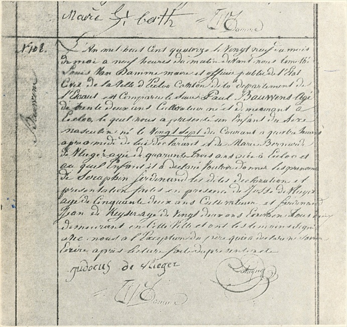 Fotocopie van de geboorteakt van Seraphinus