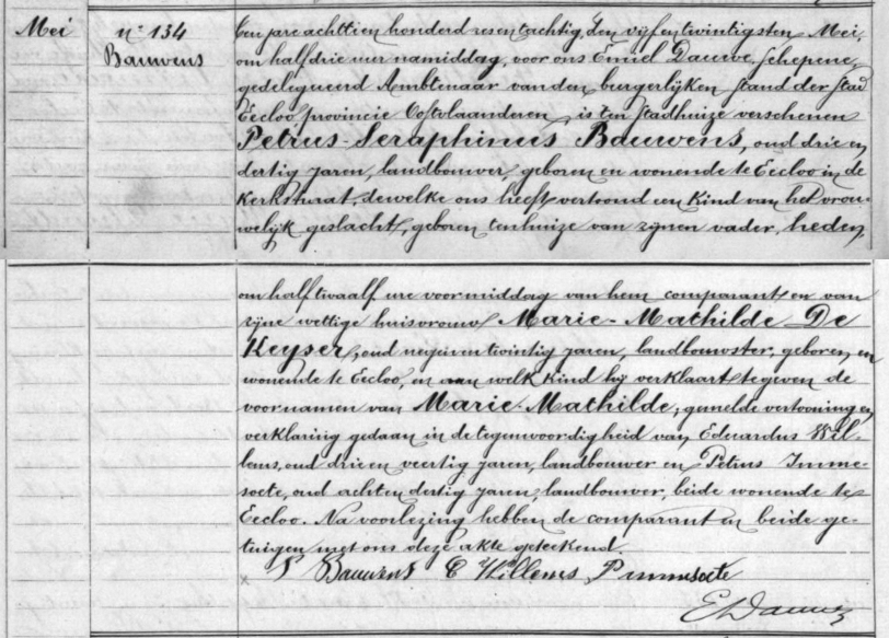 Geboorte-akte van Marie Mathilde Bauwens