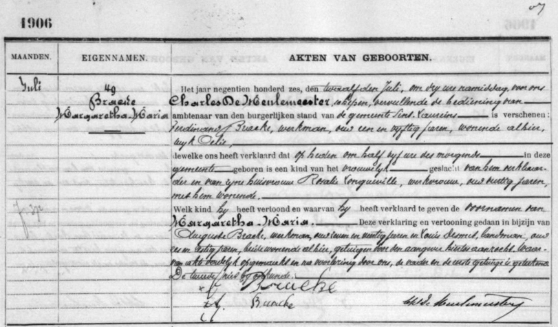 Geboorte-akte van Margaretha Maria Bracke