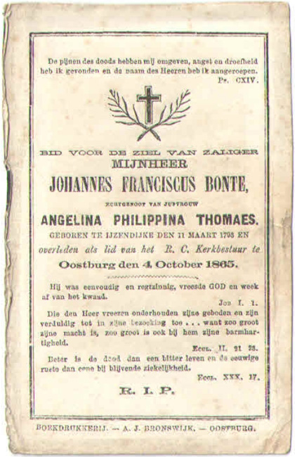 Bidprentje van Johannes Franciscus Bonte en Angelina Philippina Thomaes