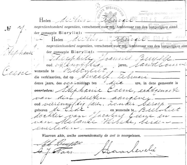 De overlijdensacte van Stephanie Coene