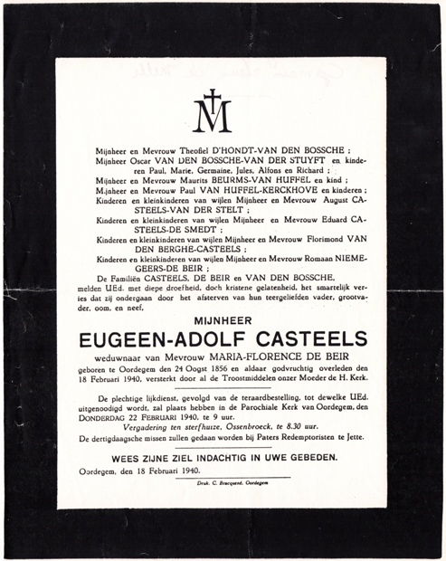 Het overlijdensbericht van Eugeen-Adolf Casteels
