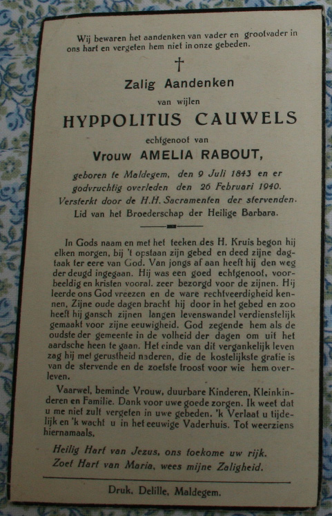 Funeral card of Hyppoliet Cauwels