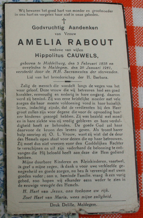 Funeral card of Amelie Rabout