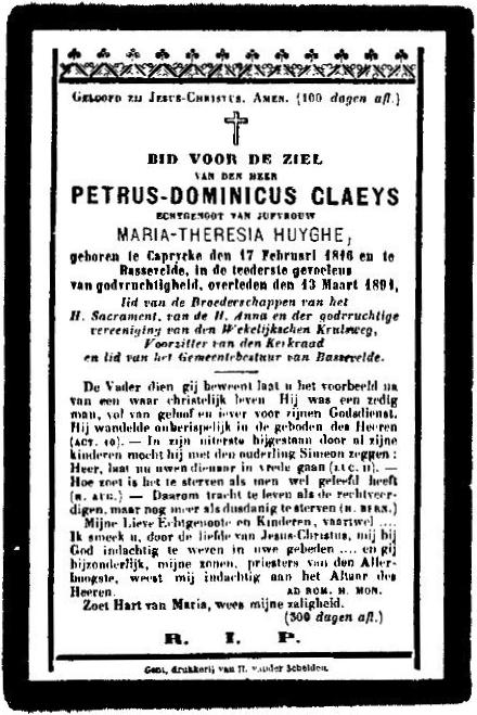 Bidprentje van Petrus Dominicus Claeys