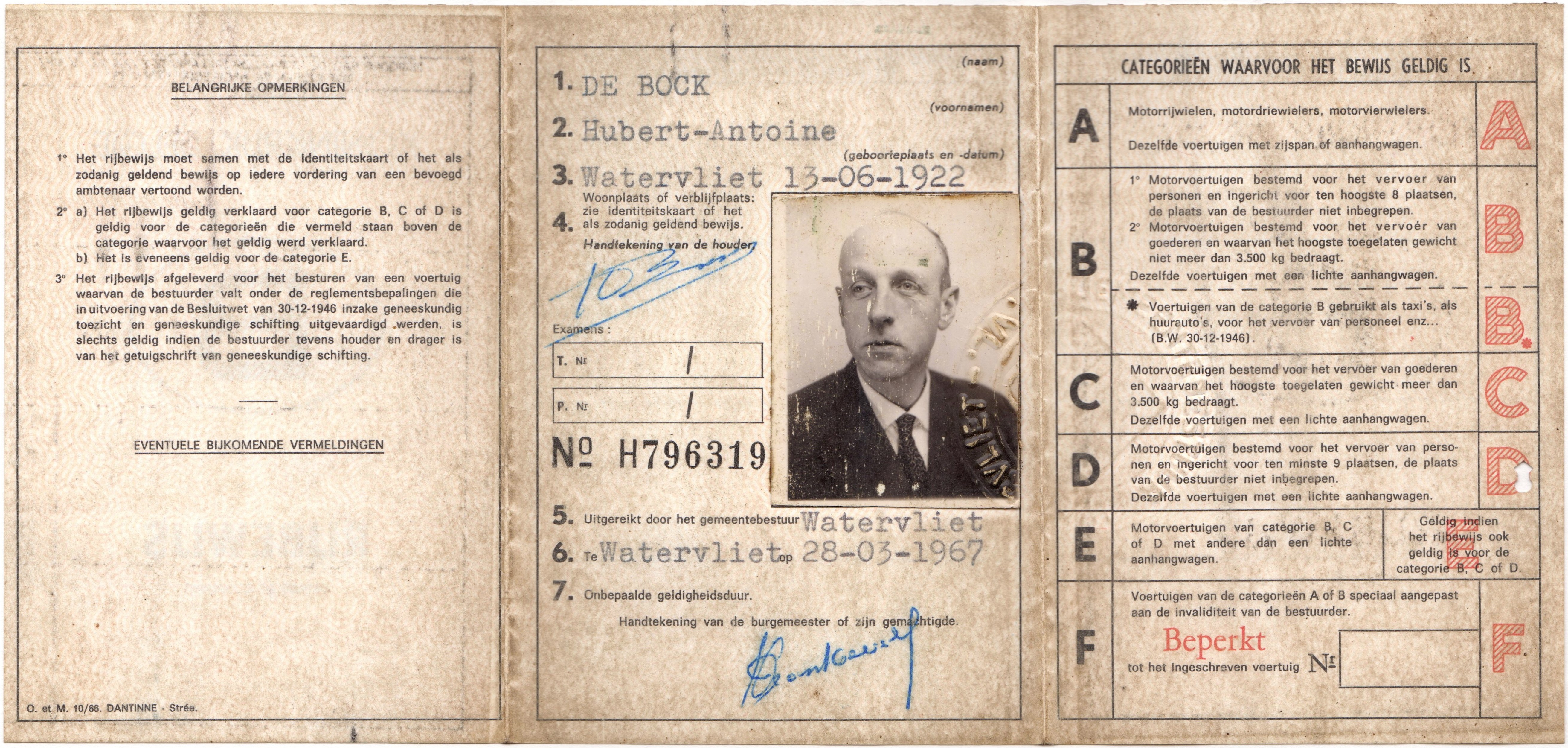 Hubert De Bock, id kaart, rijbewijs