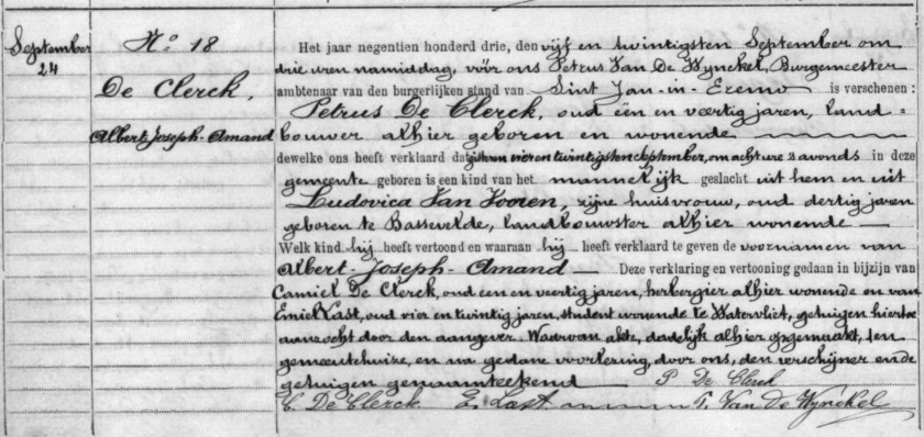 Geboorteakt van Albert Joseph Amand De Clerck