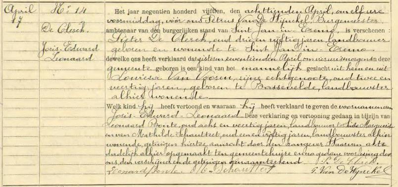 Geboorteakt van Joris Eduard Leonaard De Clerck