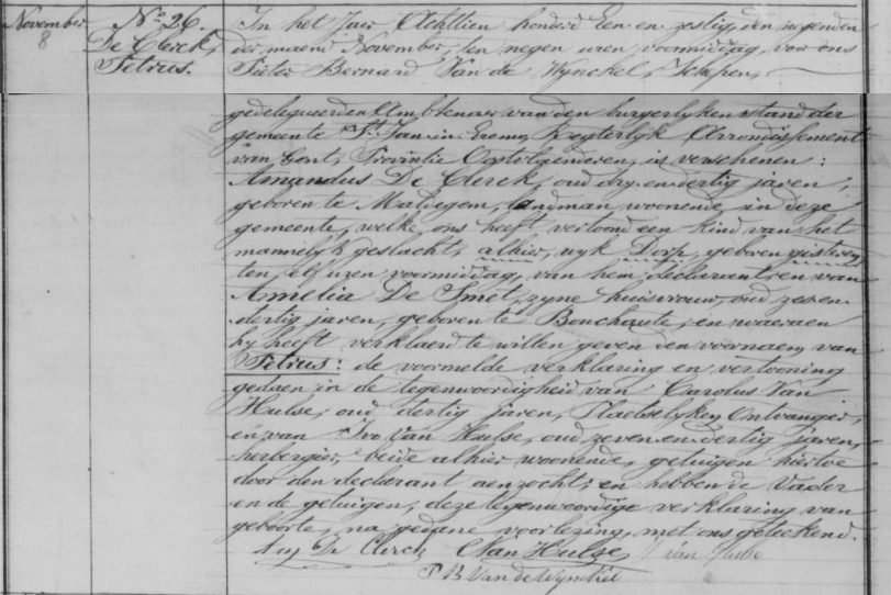 Geboorteakt van Petrus De Clerck