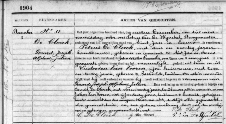 Geboorteakt van Gerard Joseph Alphons Julien De Clerck