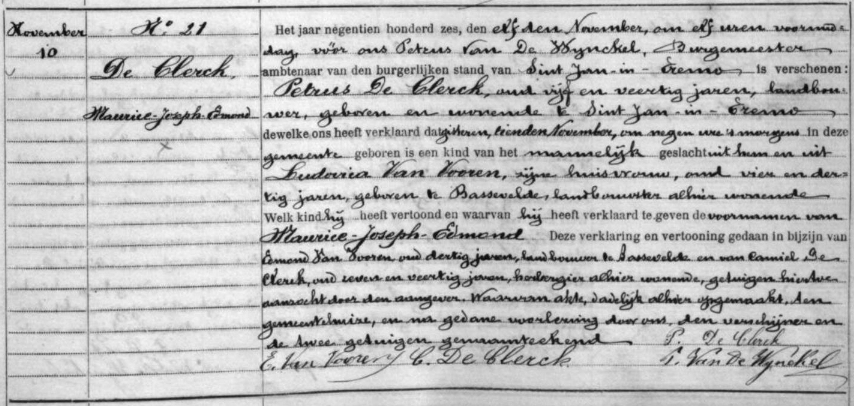 Geboorteakt van Maurice Joseph Edmond De Clerck
