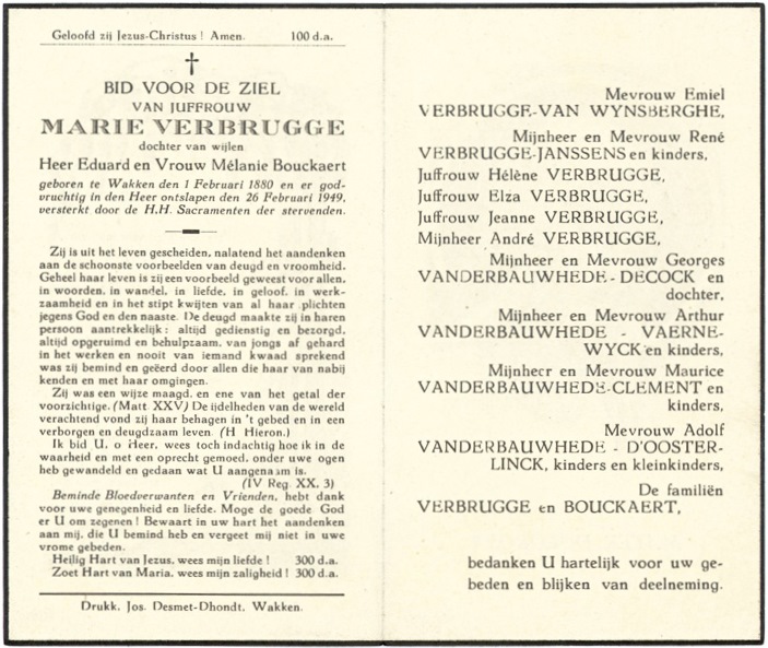 Bidprentje van Marie Verbrugge