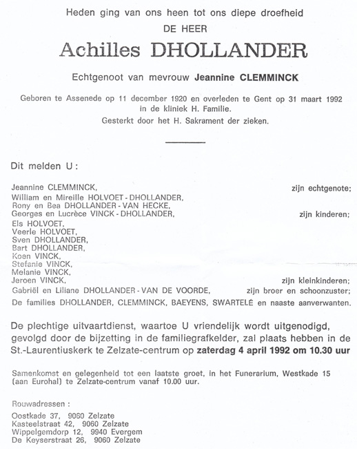 Overlijdensbericht van Achilles Dhollander
