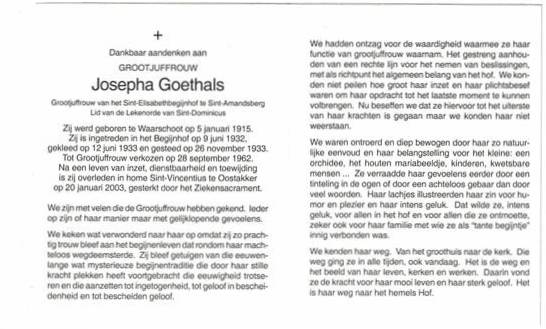 Bidprentje van Grootjuffrouw Josepha Goethals