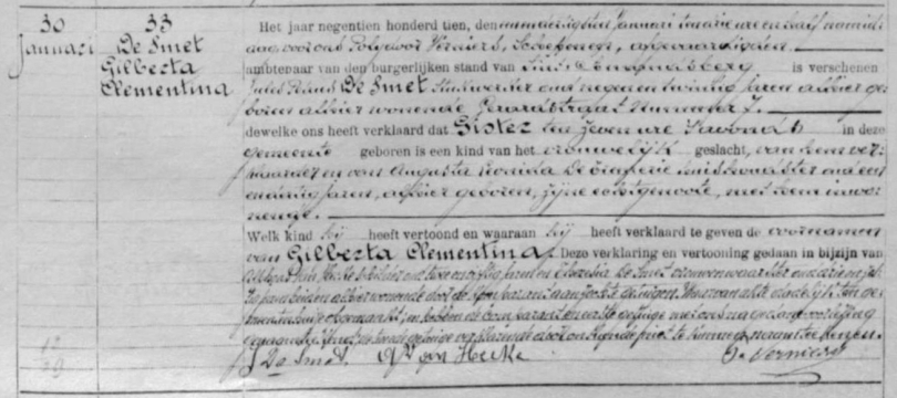 Birth certificate of Gilberta Clementina De Smet