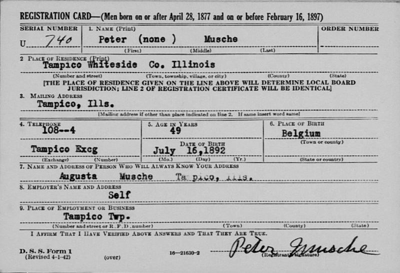 Peter Musche's military registration card