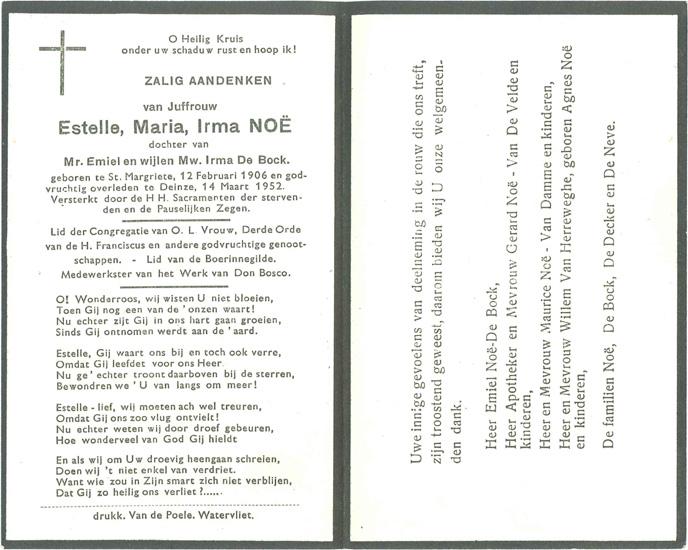 Estelle Noë's funeral card