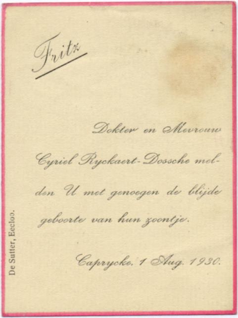 Geboortebericht van Fritz Ryckaert