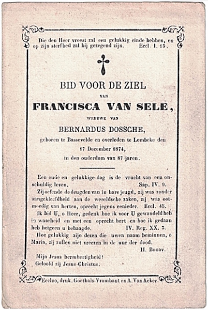 Bidprentje van Francisca Van Sele