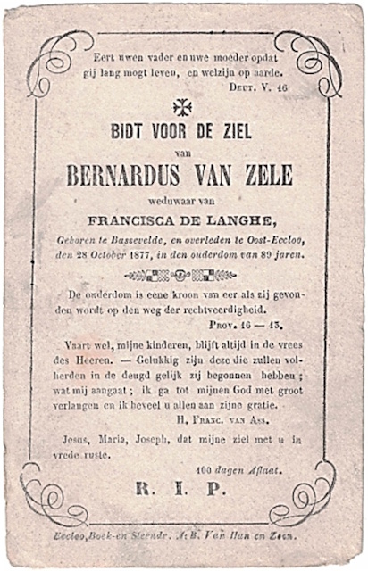 Bidprentje van Bernardus Van Zele