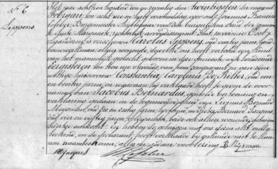 Geboorte-akt van Jacobus Bernardus Lippens