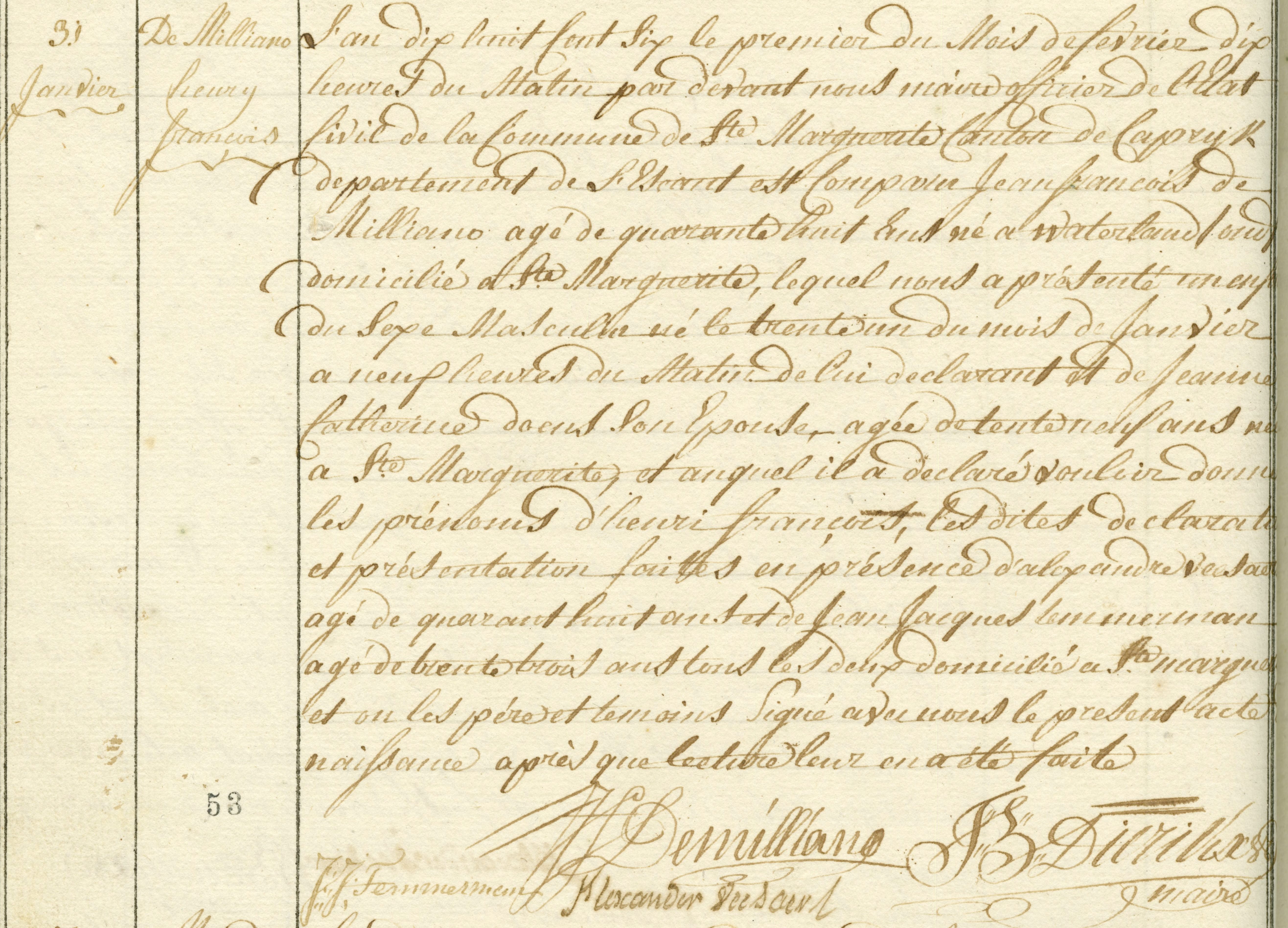 Geboorte-akt van Henri François de Milliano