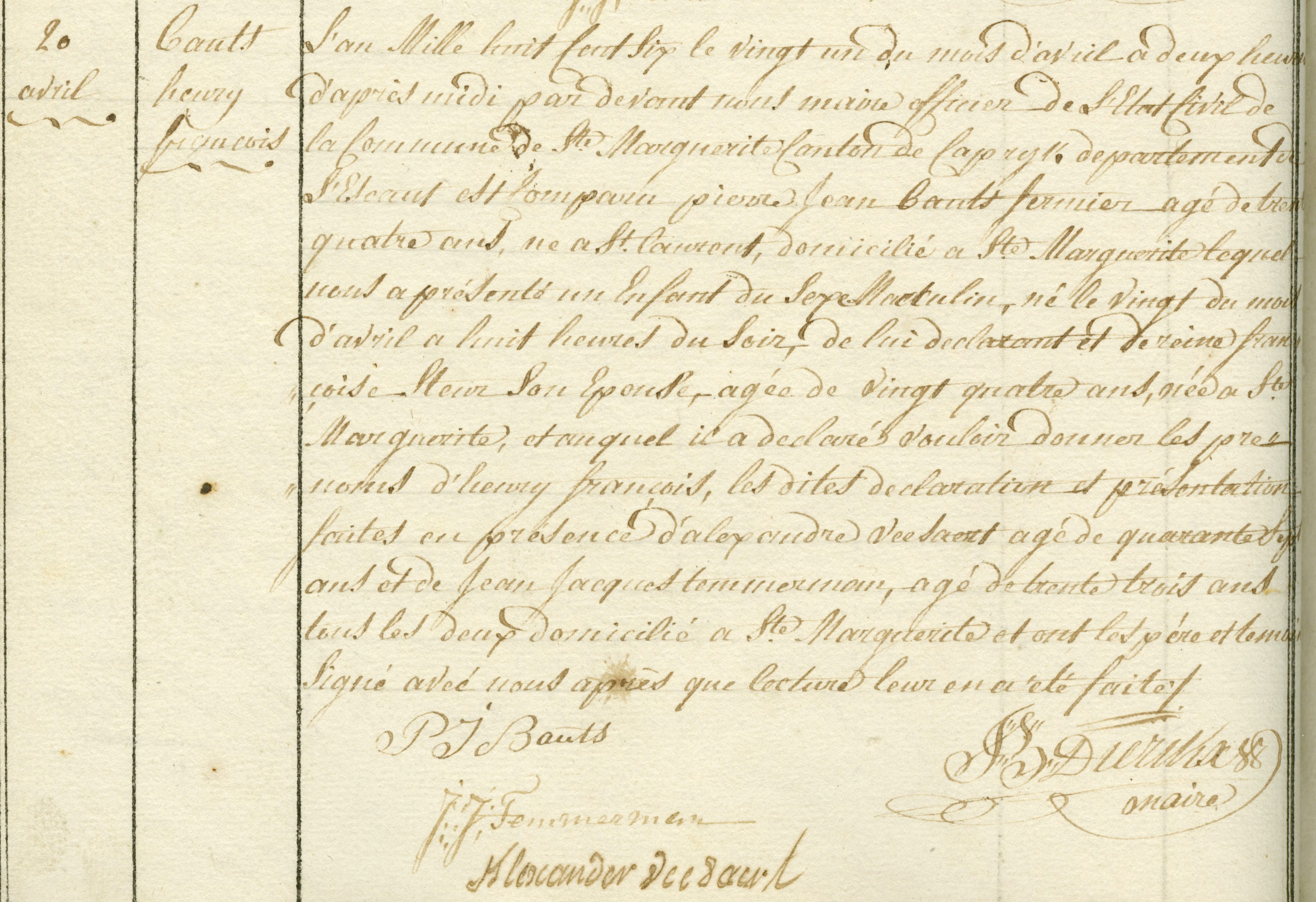 Geboorte-akt van Henry François Bauts
