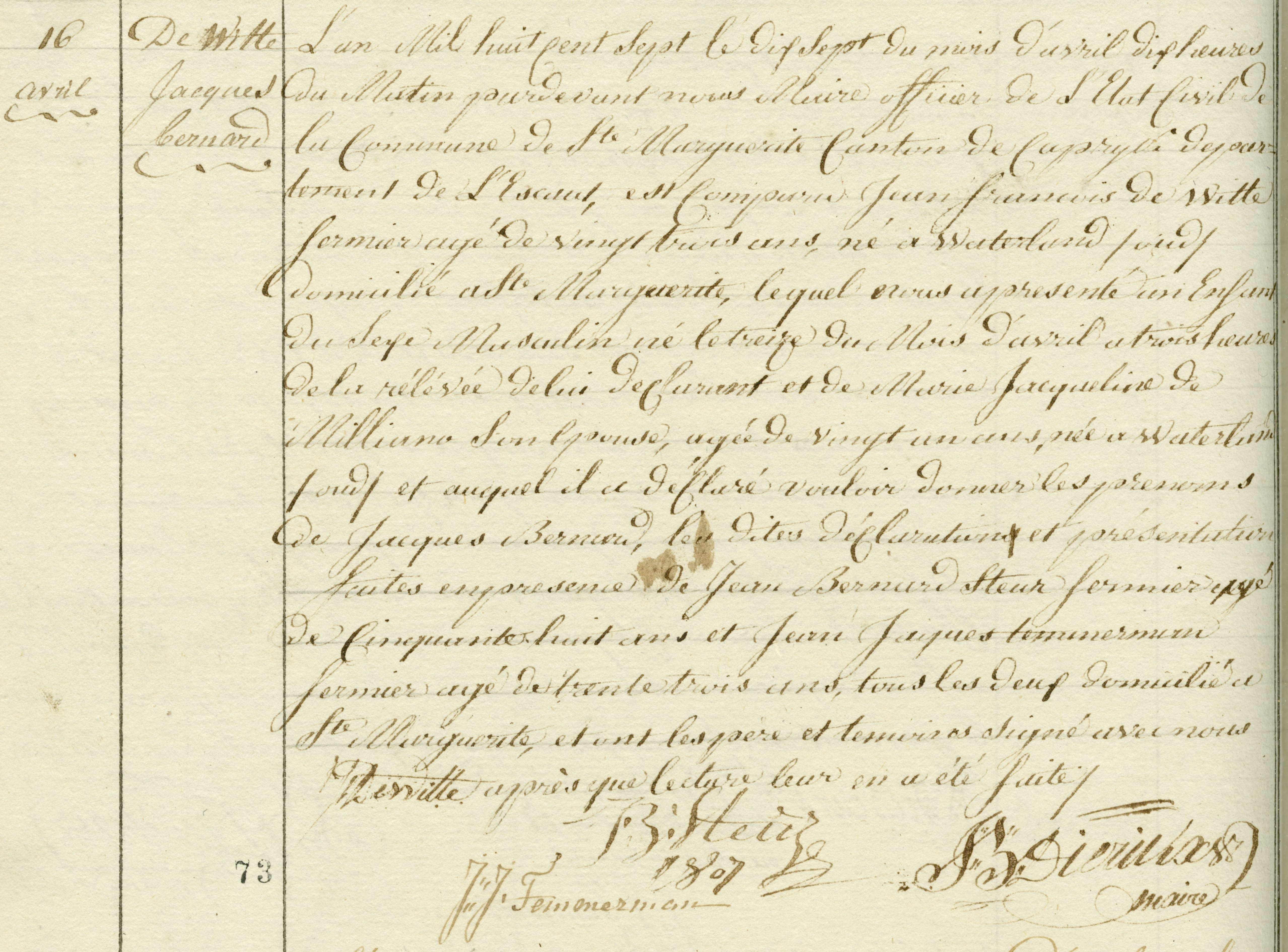 Geboorte-akt van Jacques Bernard De Witte