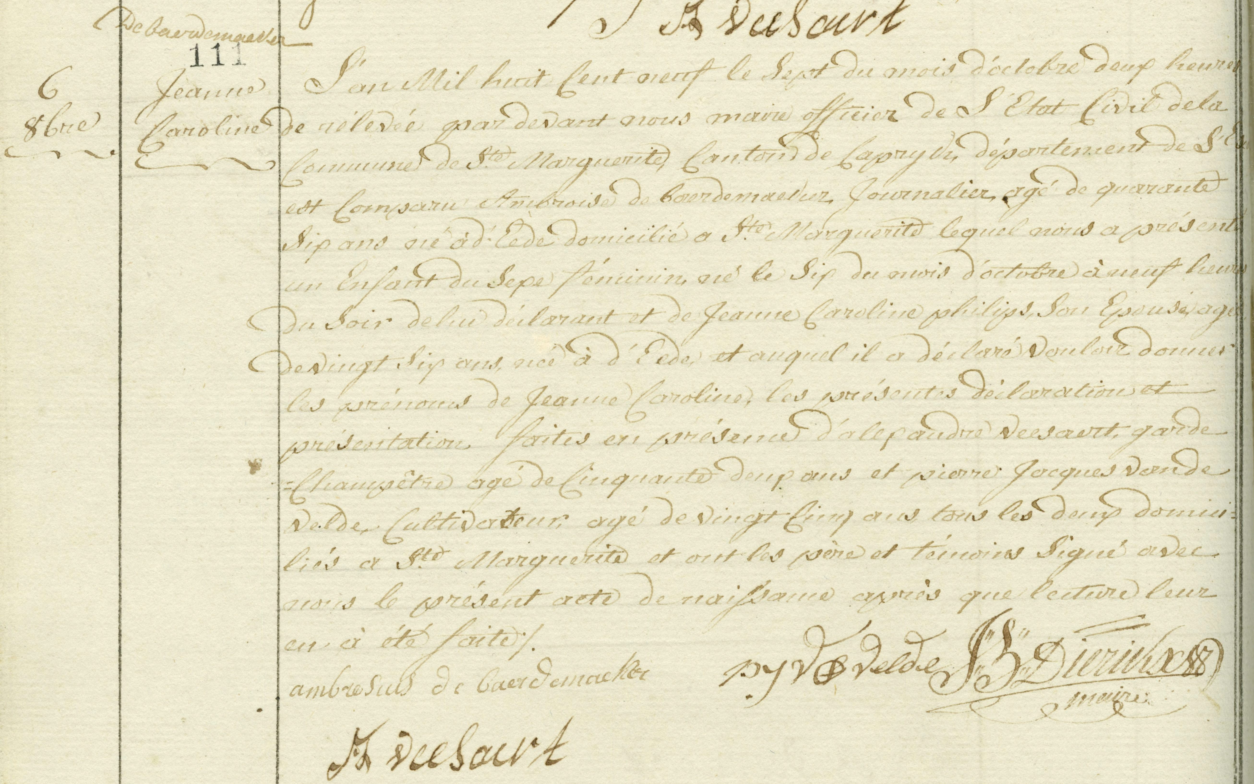 Geboorte-akt van Jeanne Caroline de Baerdemaeker