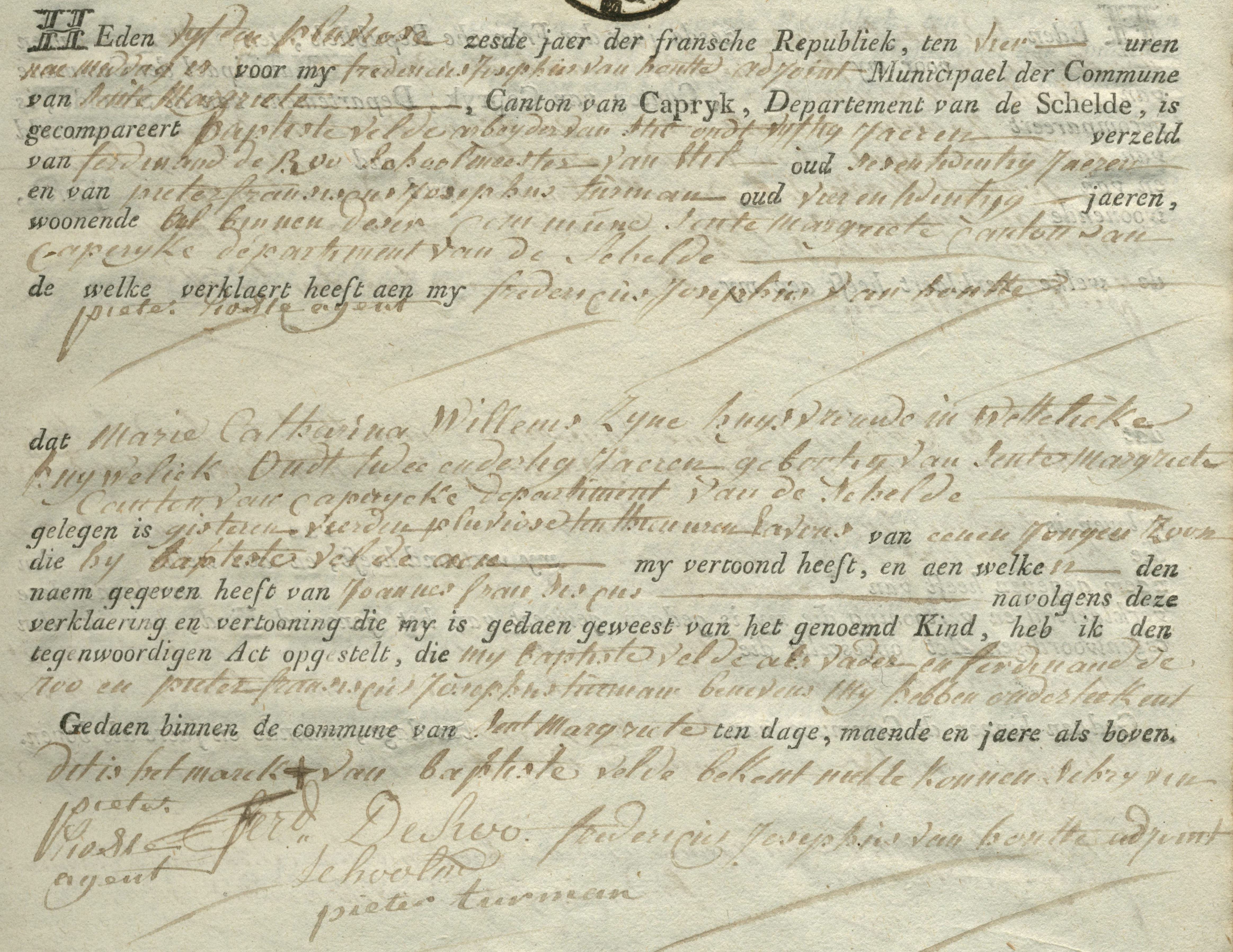 Geboorte-akt van Joannes Franciscus Velde