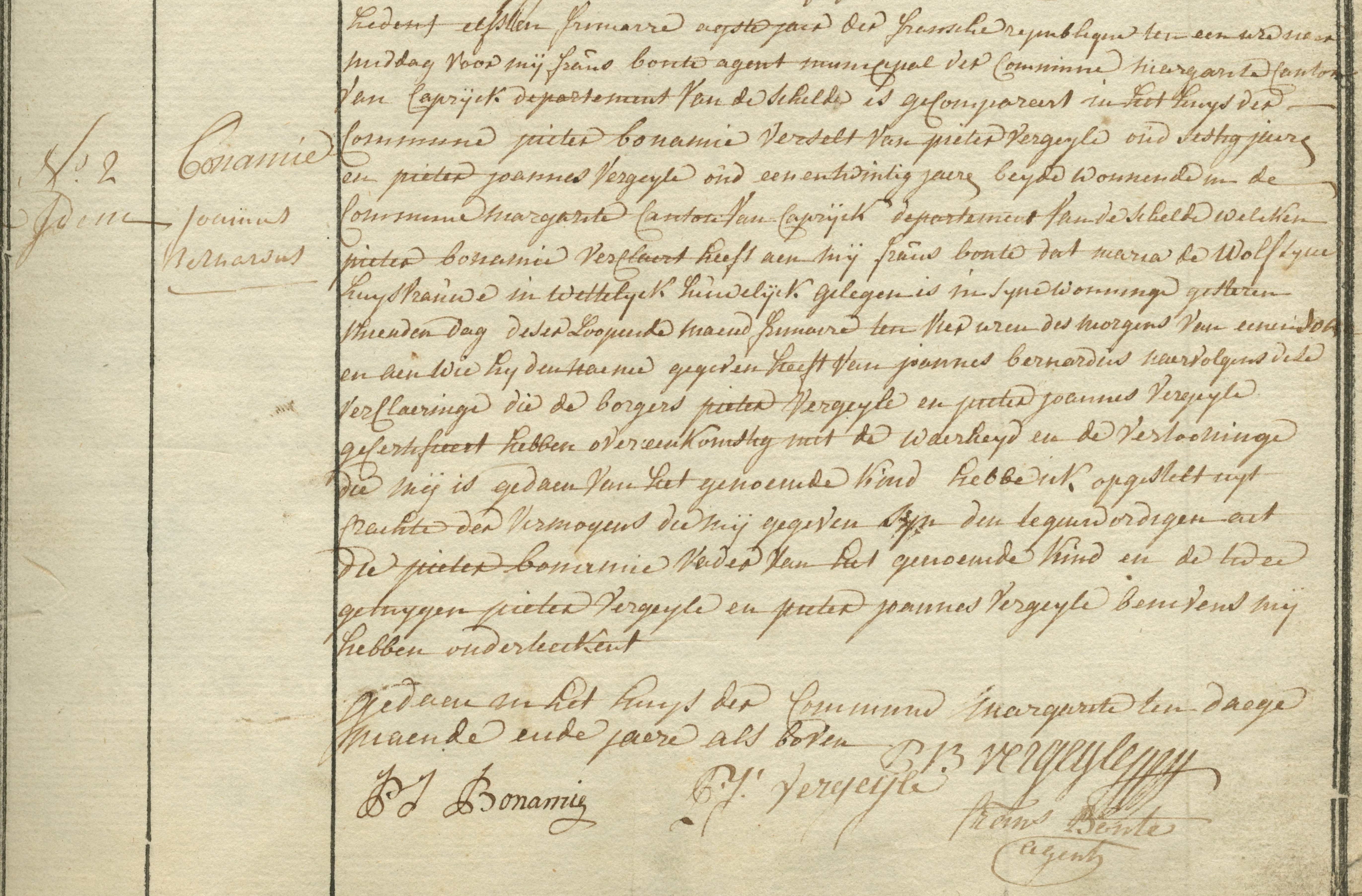 Geboorte-akt van Joannes Bernardus Bonamie