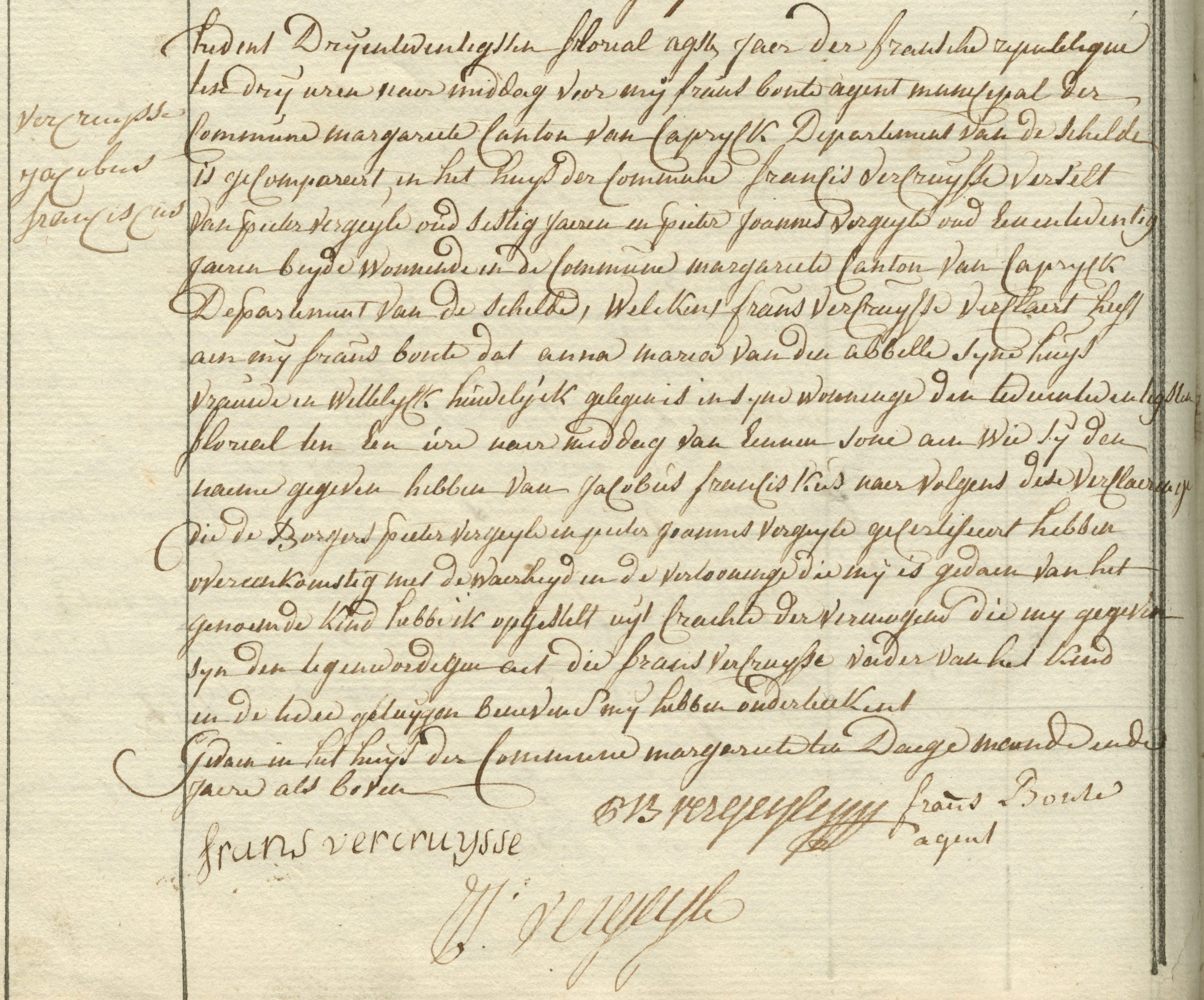 Geboorte-akt van Jacobus Franciskus Vercruysse