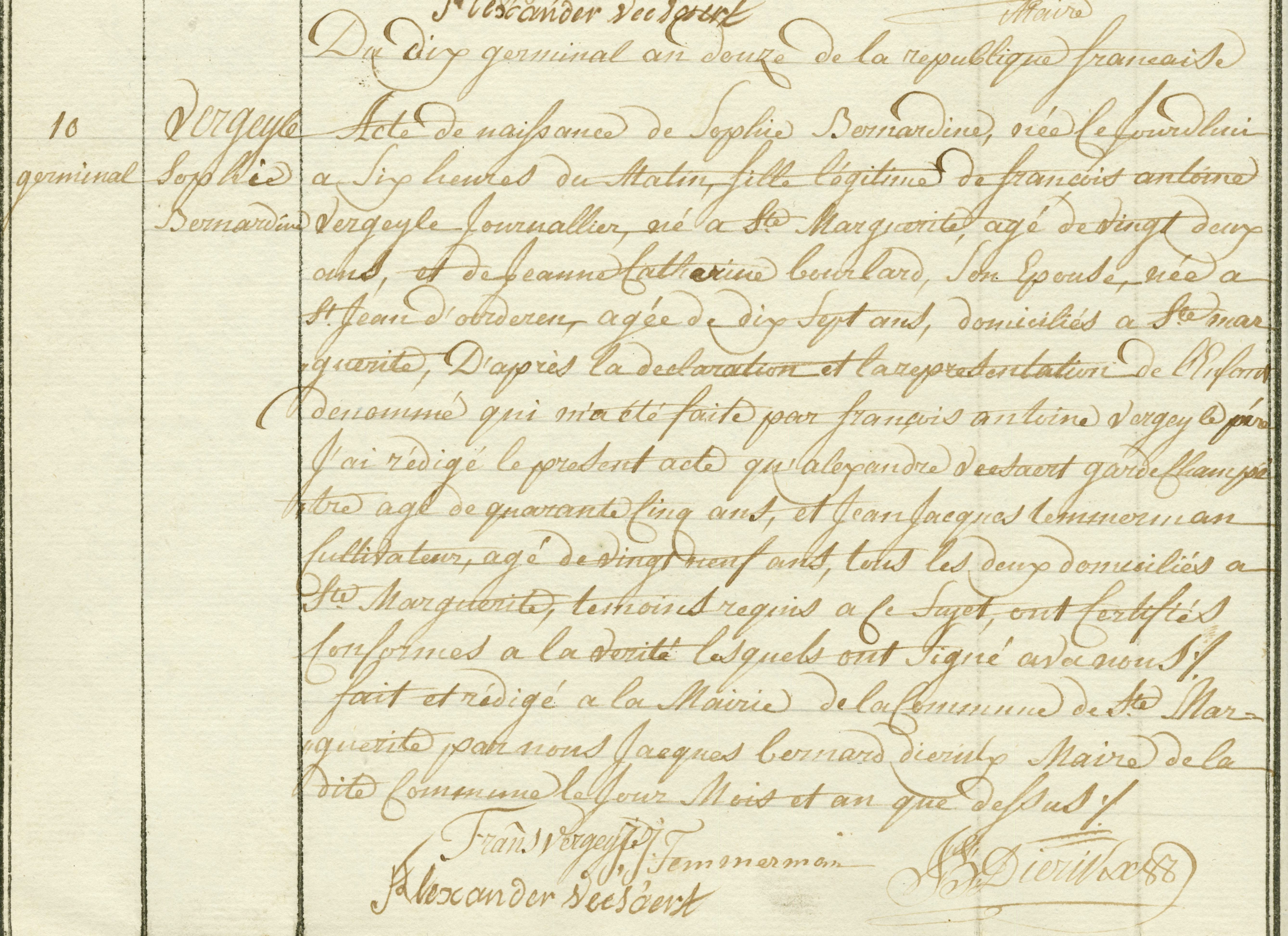 Geboorte-akt van Sophie Bernardine Vergeyle