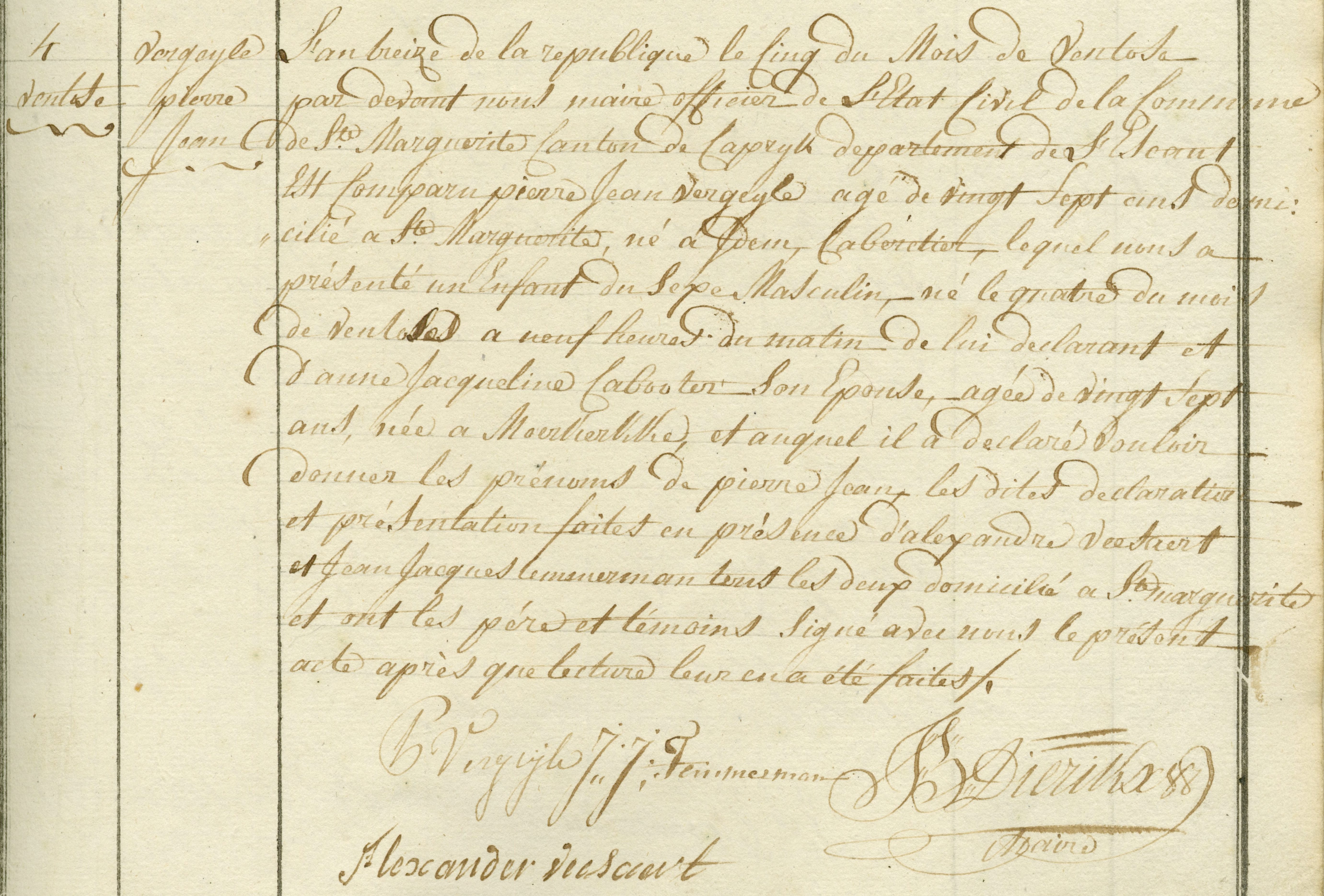 Geboorte-akt van Pierre Jean Vergeyle