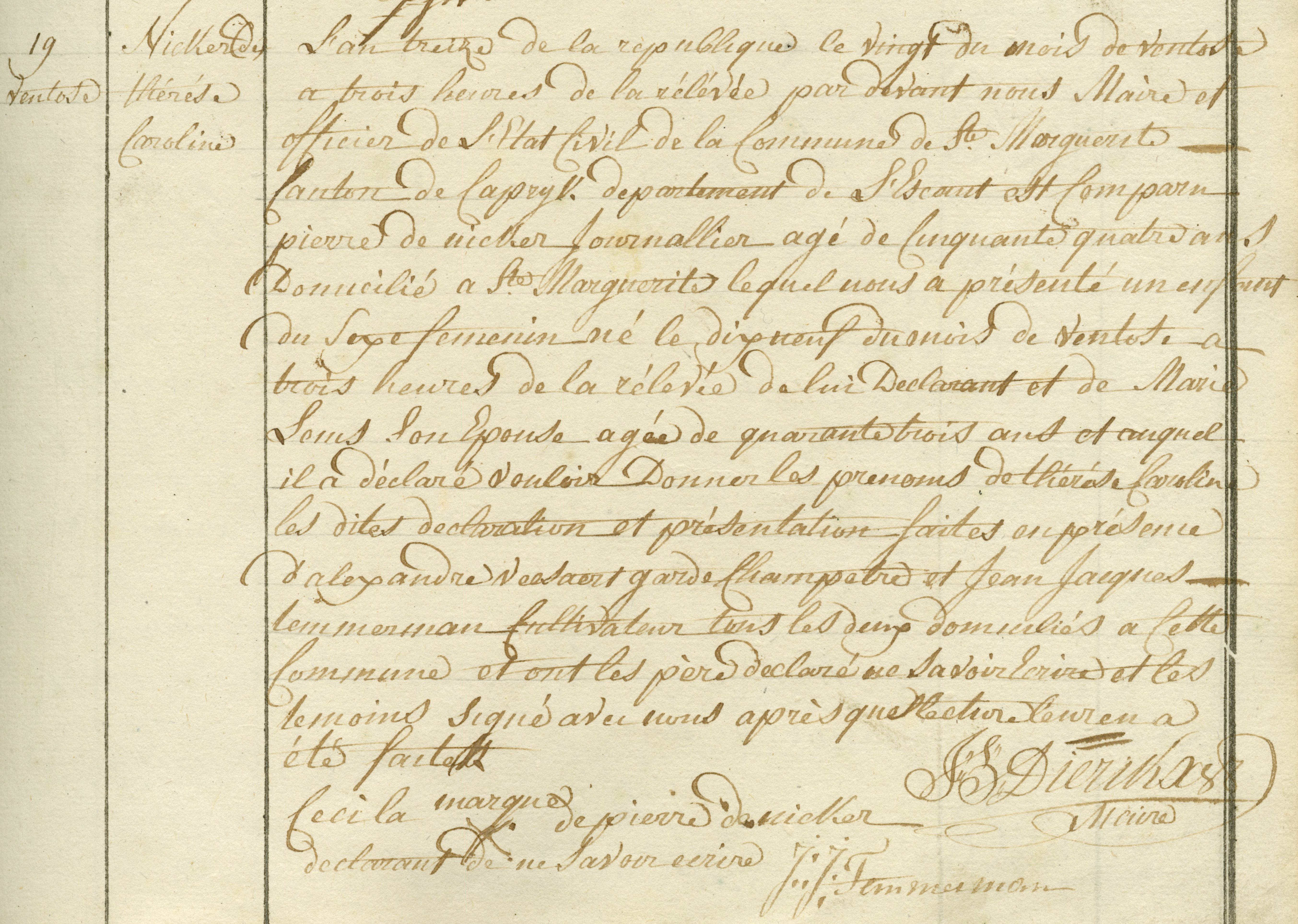 Geboorte-akt van Thérése Caroline de Nicker