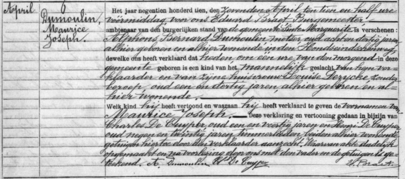 Geboorte-akt van Maurice Joseph Dumoulin