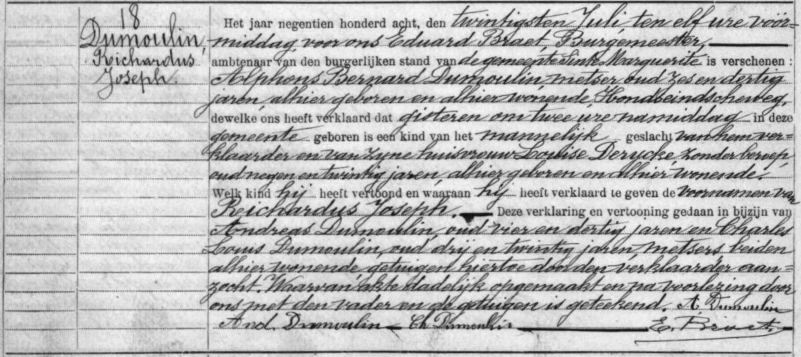 Geboorte-akt van Richardus Joseph Dumoulin
