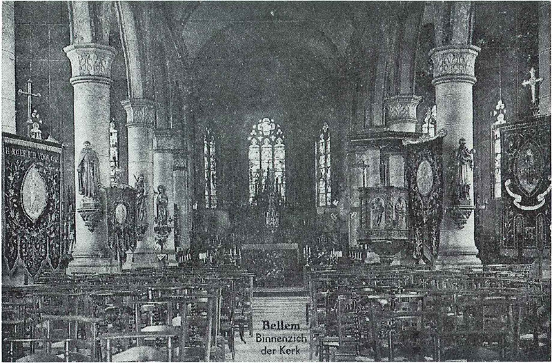 Binnenzicht van de kerk te Bellem, vóór de brand van 1944